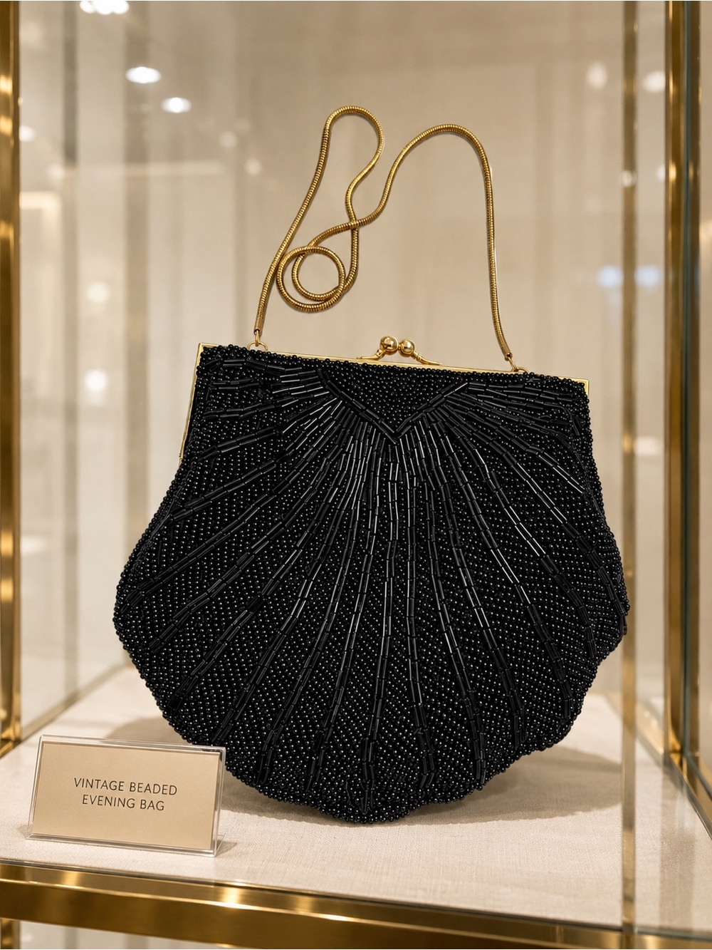 Vintage Black Beaded Shell Evening Bag Gold Frame Chain Kiss Lock